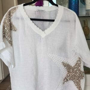 ONE OF A KIND!! LUXE!! White 100% Cotton Linen Sequin Star Women's Top